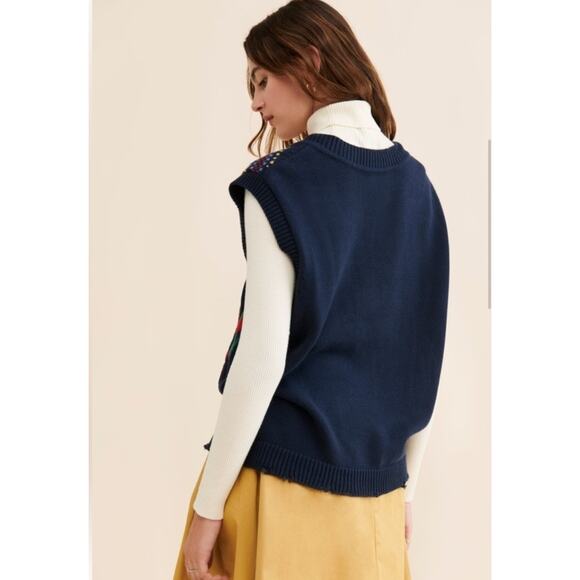 Free People X Found oversized Horse Isles distressed blue knit vest size medium - Picture 3 of 8